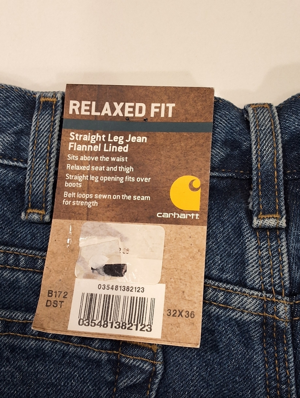 Carhartt NWT~Mens Relaxed Straight Fit Flannel Lined Jean~Dark Wash Denim~32X36 - Picture 4 of 11